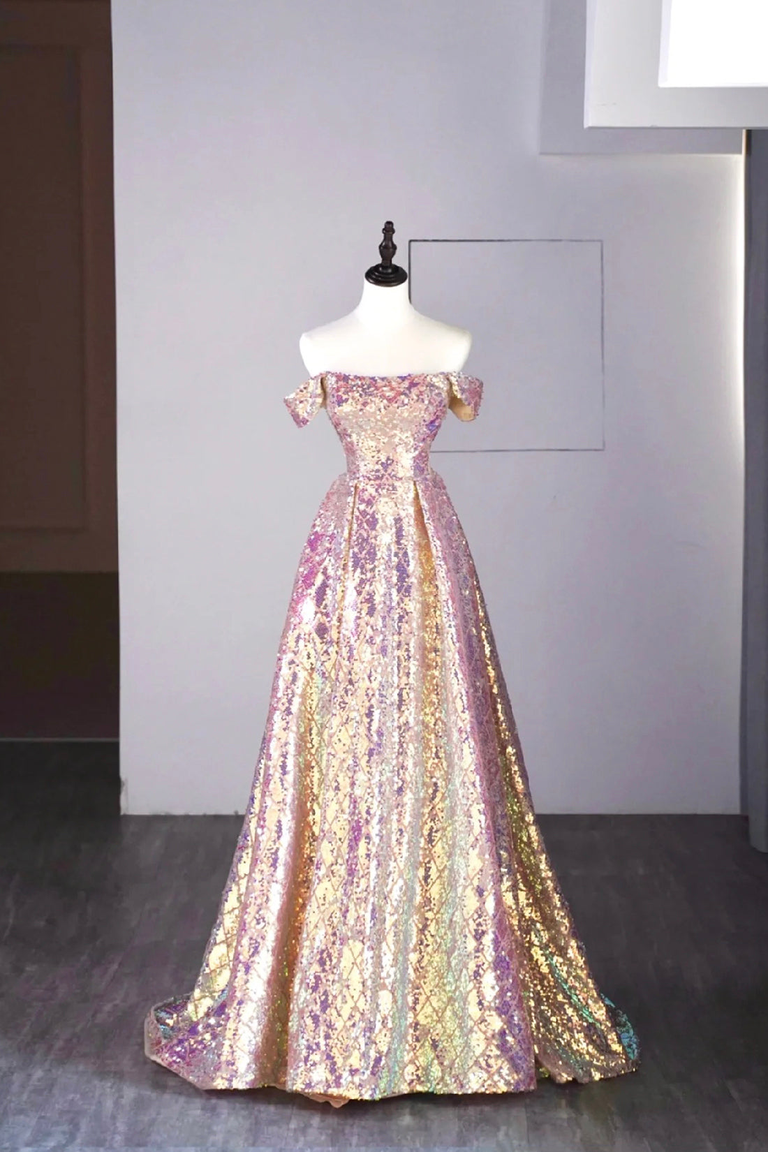 Shiny Sequins Floor Length Prom Dress, Off the Shoulder Evening Party Dress