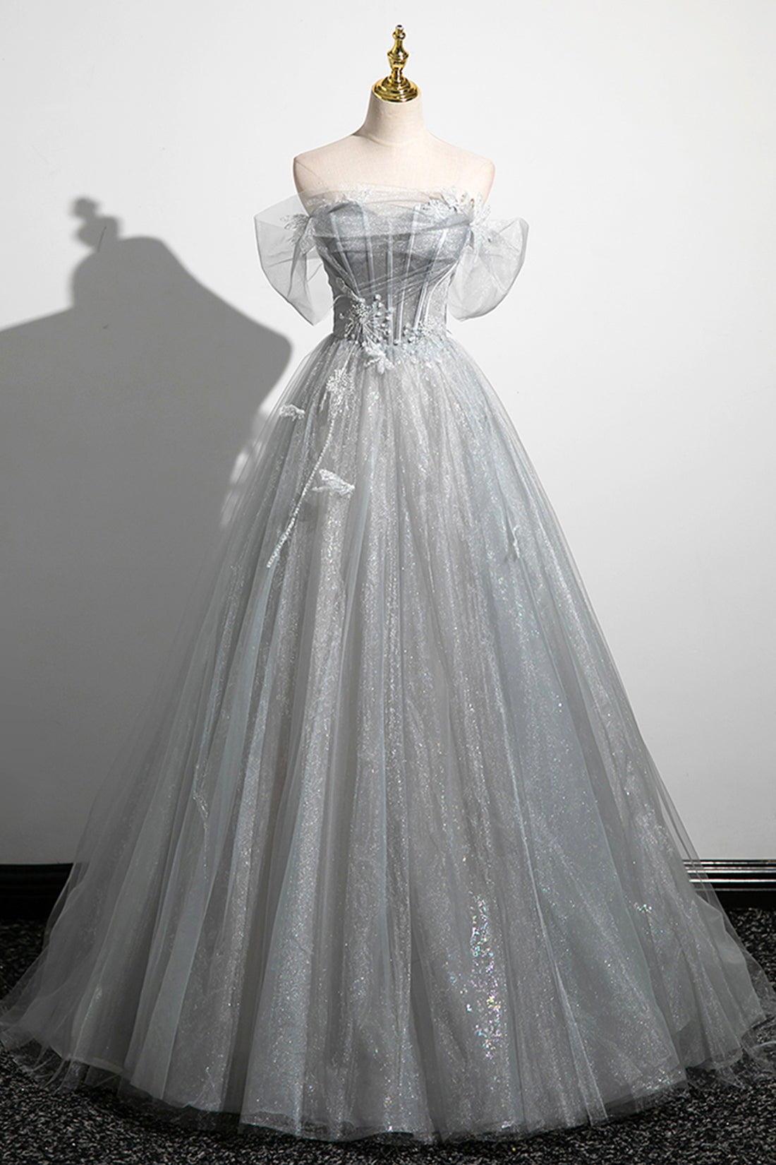 Gray A-Line Off the Shoulder Tulle Prom Dress, Lovely Corset Floor Len Gray A-Line Off the Shoulder Tulle Prom Dress, Lovely Corset Floor Len