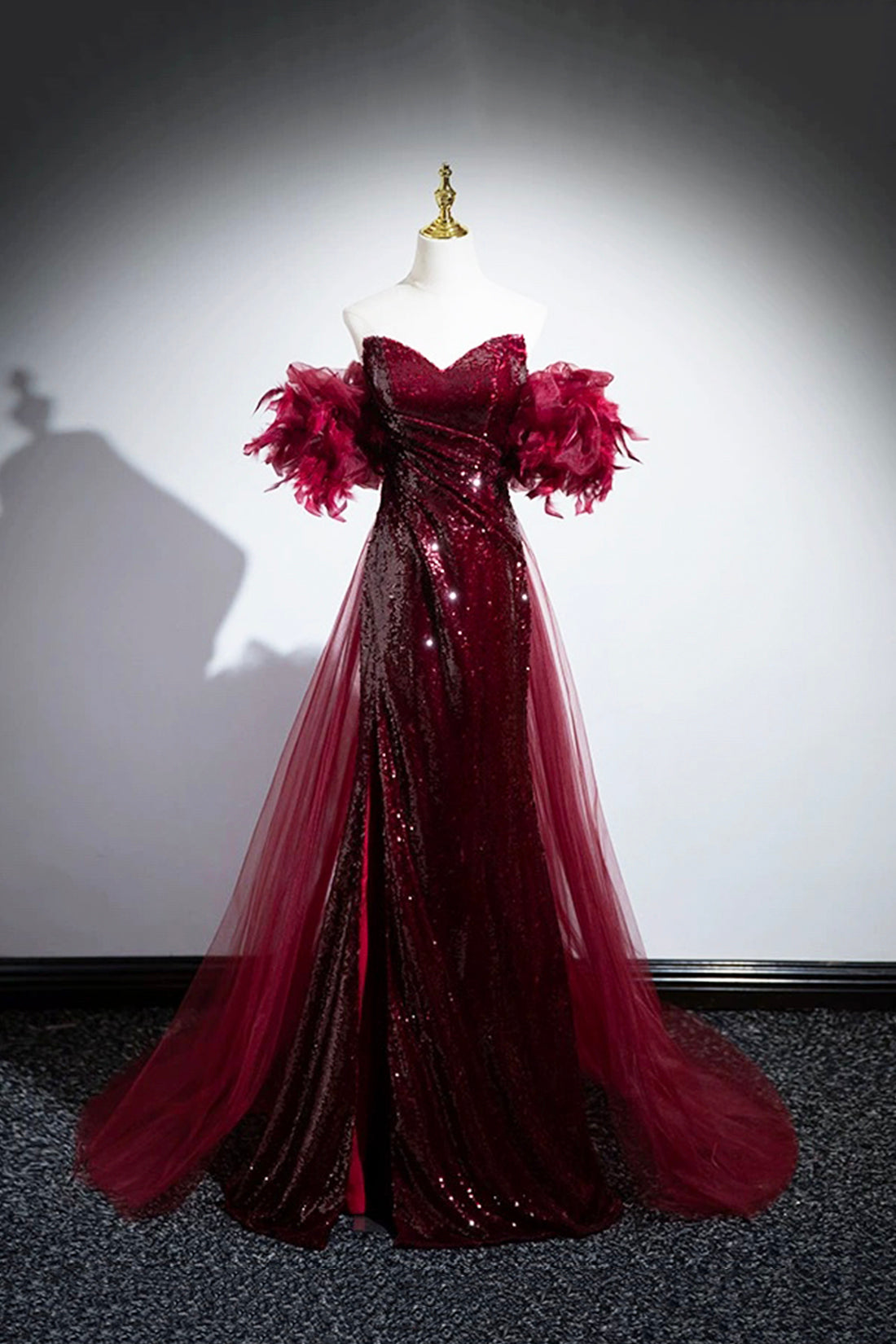 Beautiful Burgundy Tulle Sequins Ball Gown Formal Prom Evening Dress Y8010 main image 1
