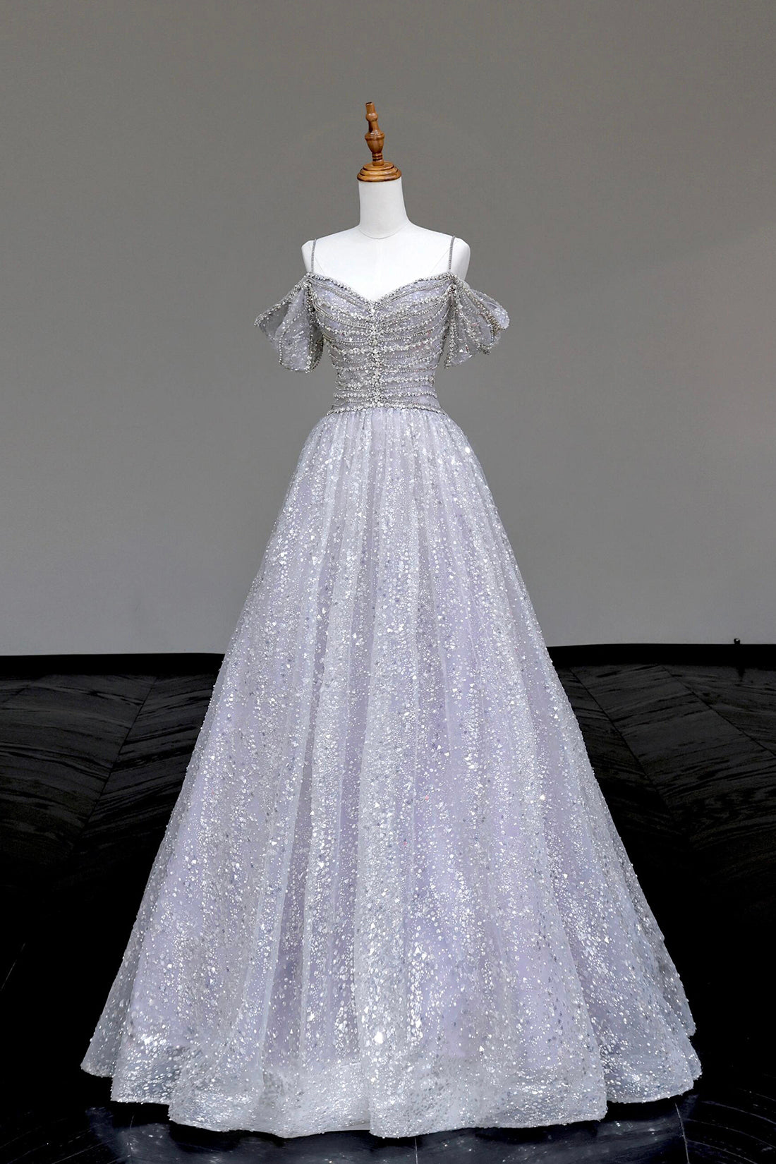 Gray Tulle Sequins Long Prom Dress, Beautiful A-Line Evening Party Dress