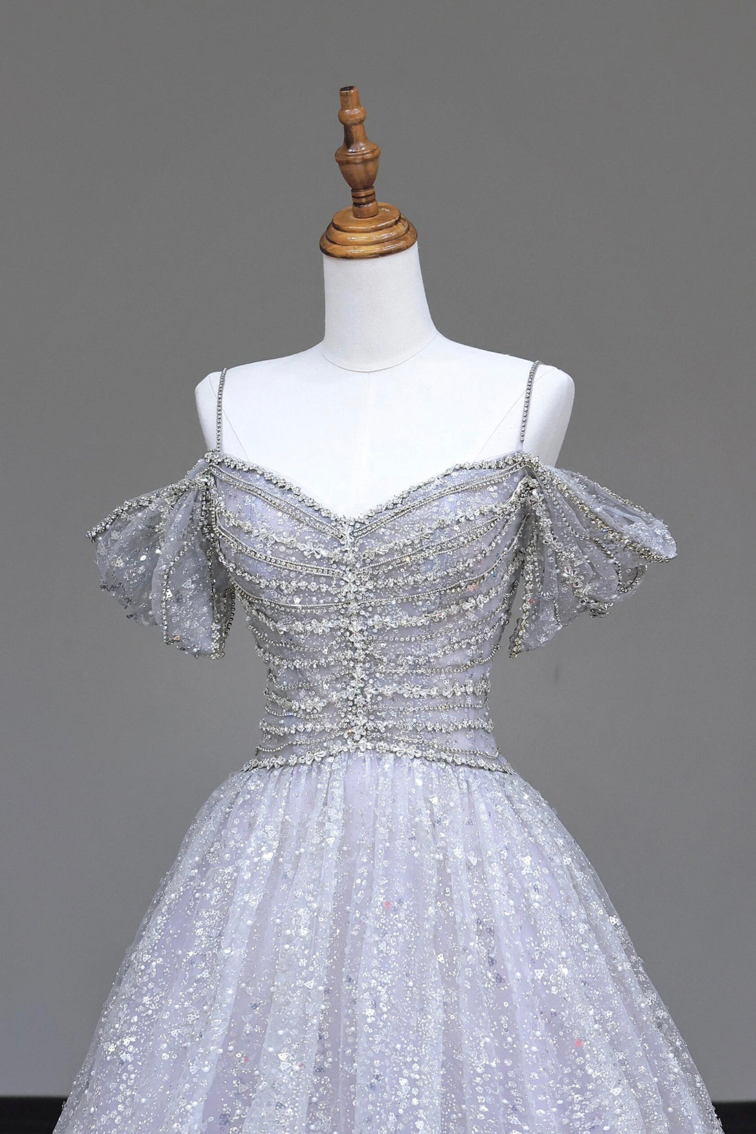 Gray Tulle Sequins Long Prom Dress, Beautiful A-Line Evening Party Dress