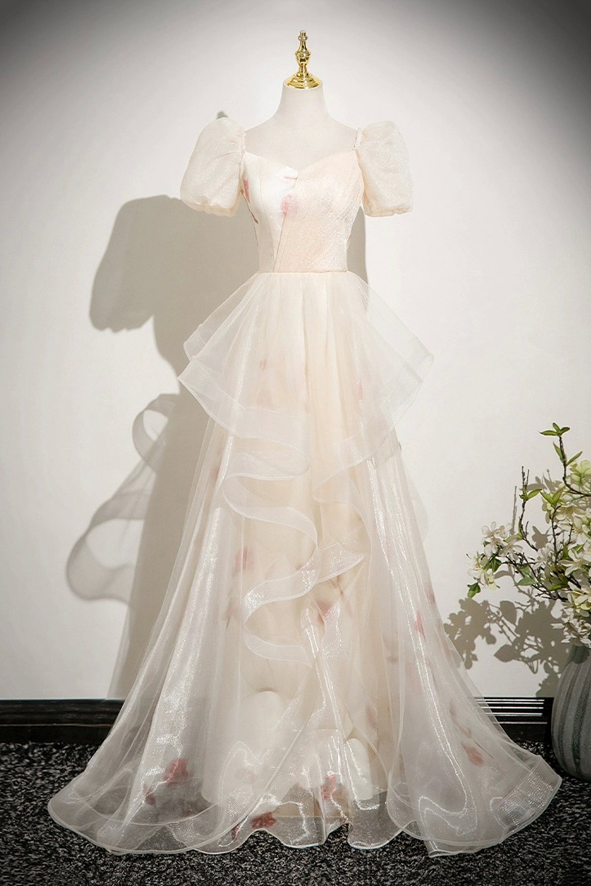 Champagne Printed Pattern Tulle Long Prom Dress, Off the Shoulder A-Line Party Dress