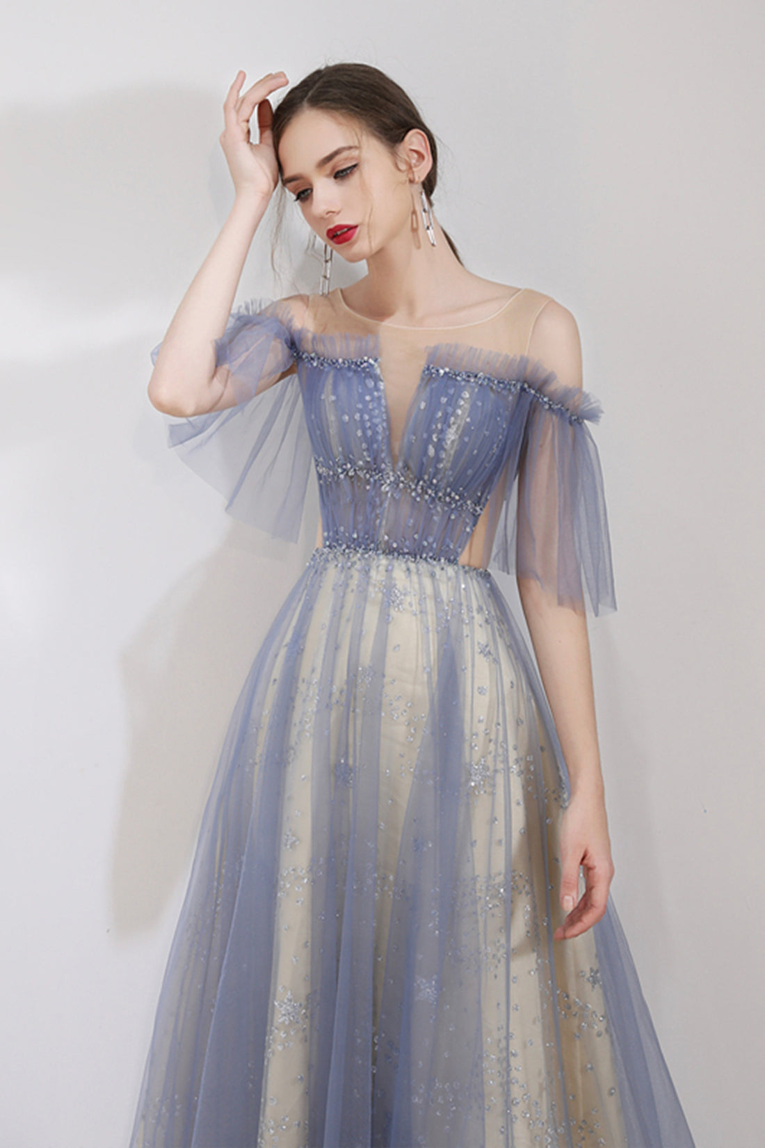 Blue Tulle Sequins Floor Length Prom Dress, A-Line Blue Graduation Dress