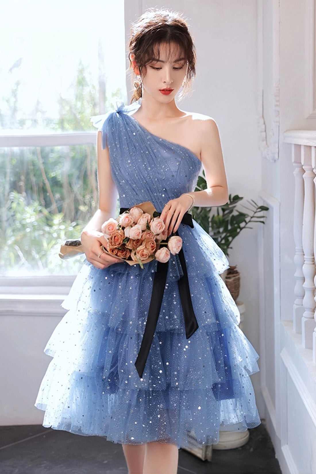 Blue Tulle Short Prom Dress, One Shoulder Multi-Layers Blue Party Dress
