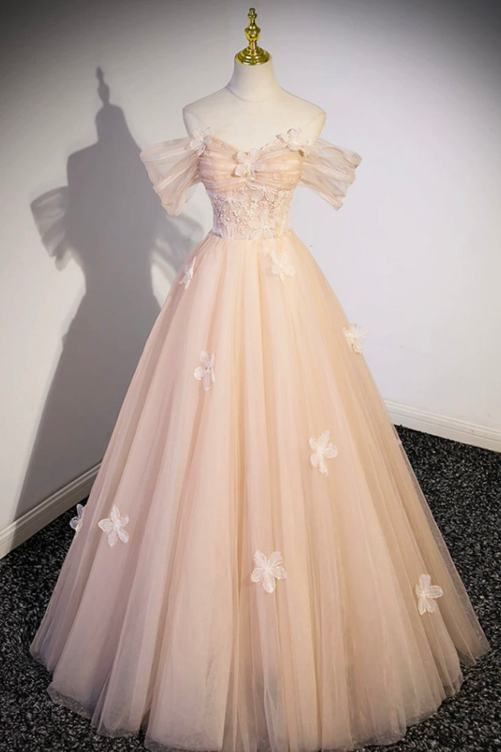 Cute Flowers Tulle Long Formal Dresses, Off Shoulder Evening Dresses Cute Flowers Tulle Long Formal Dresses, Off Shoulder Evening Dresses