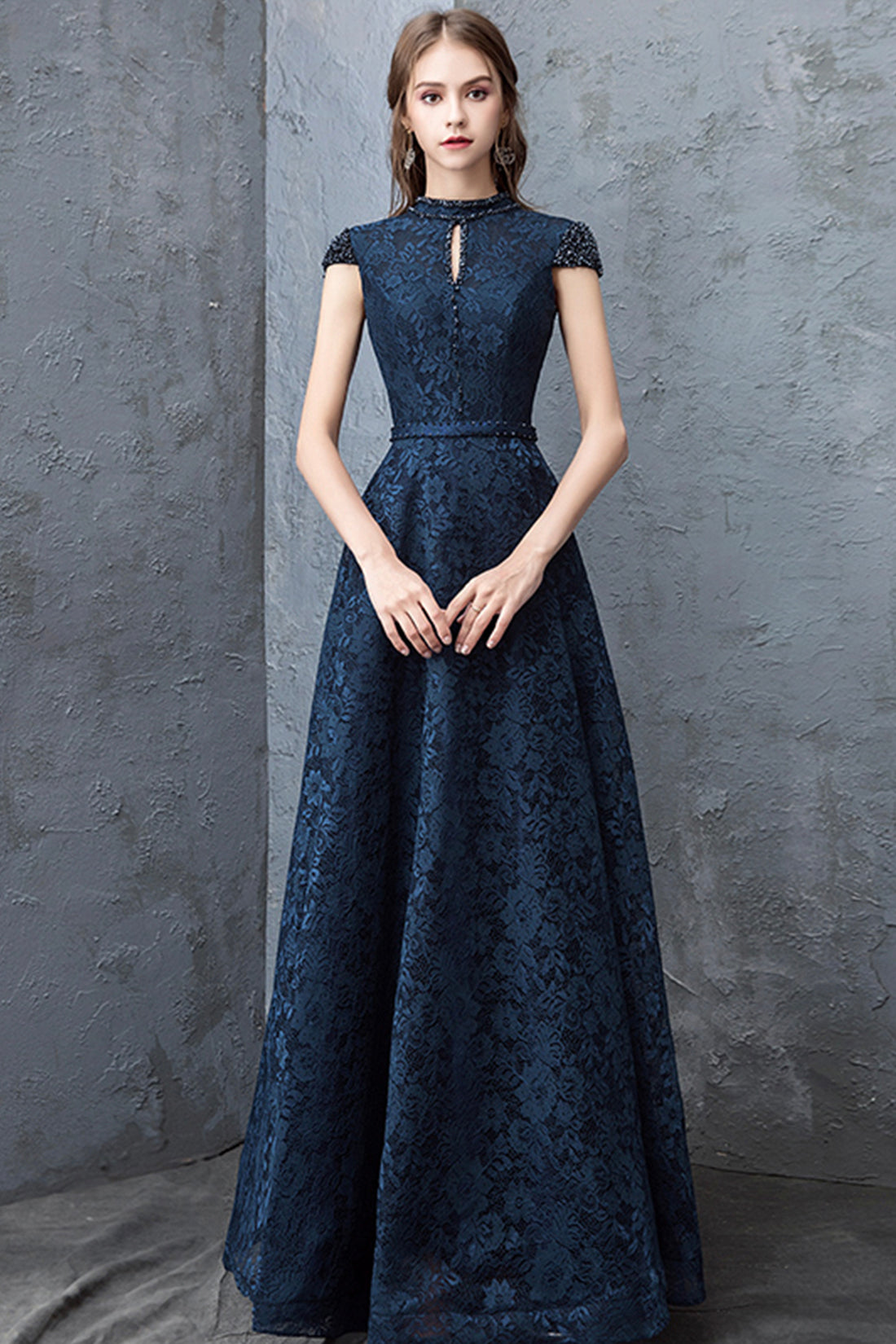Beautiful Navy Blue Evening Dresses, Blue Lace Floor Length Prom Dress Beautiful Navy Blue Evening Dresses, Blue Lace Floor Length Prom Dress