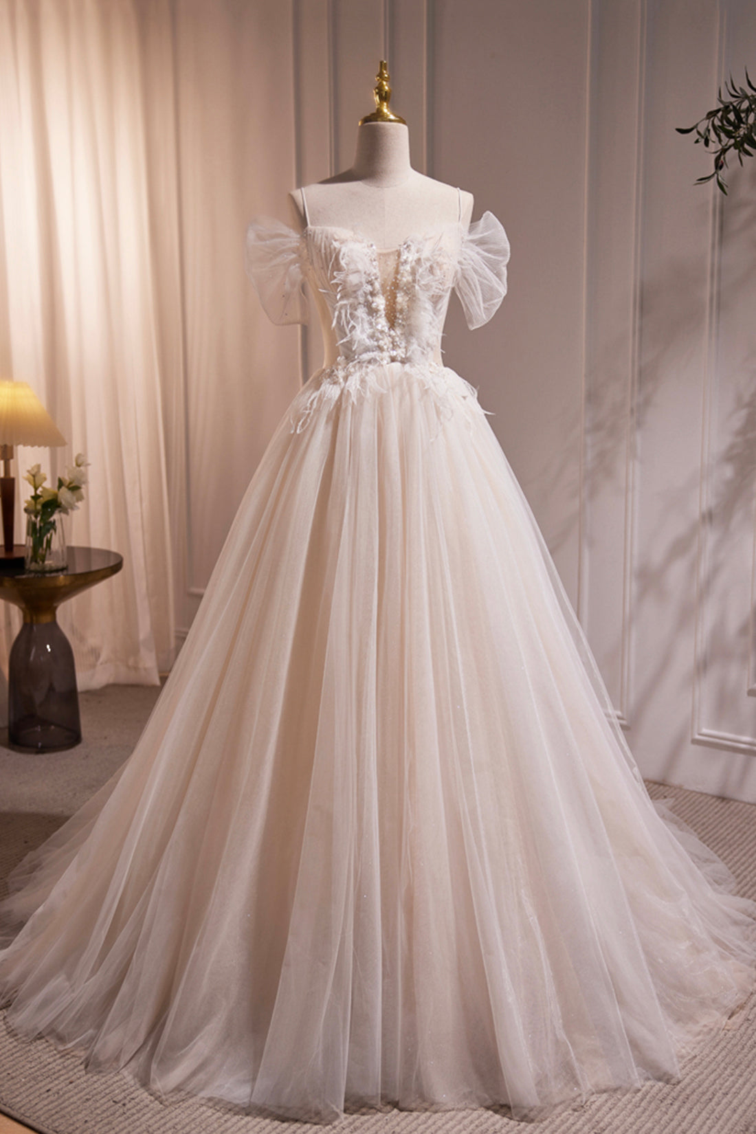 Ivory Floor Length Beaded Straps Prom Dress, Ivory Tulle Evening Dress Ivory Floor Length Beaded Straps Prom Dress, Ivory Tulle Evening Dress