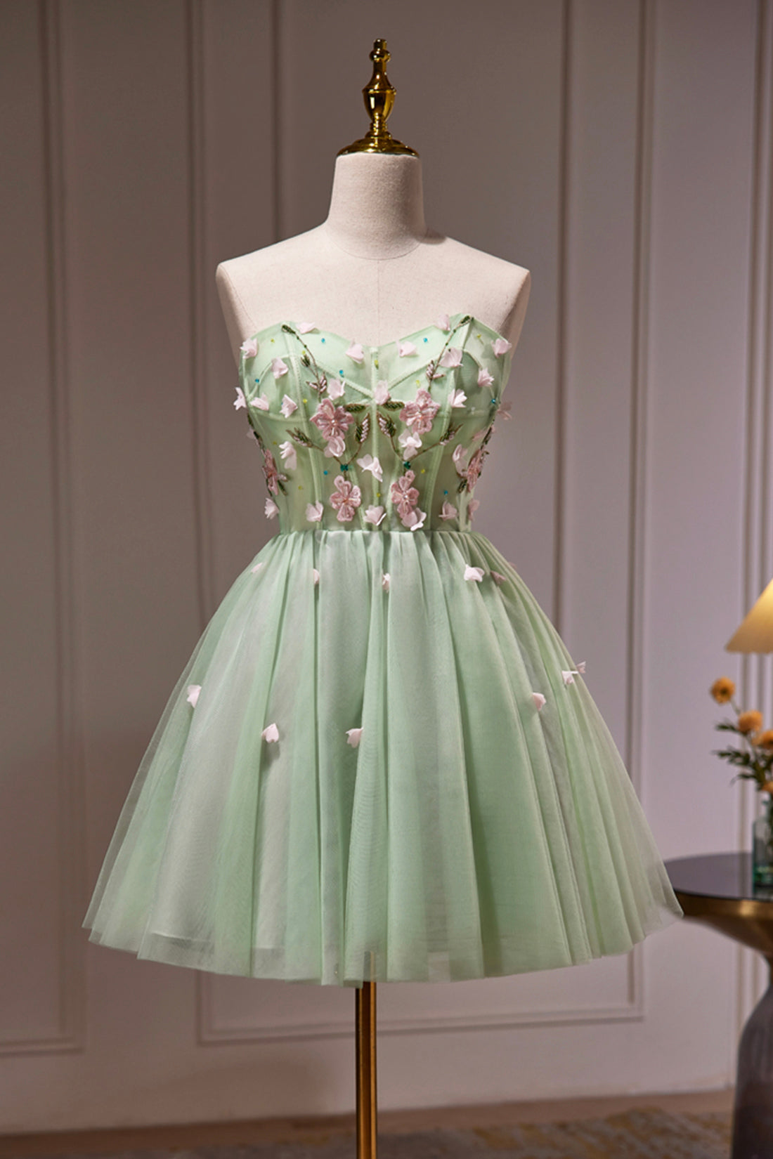 Green Strapless Tulle Short Prom Dress with Lace, Green Party Dress Green Strapless Tulle Short Prom Dress with Lace, Green Party Dress