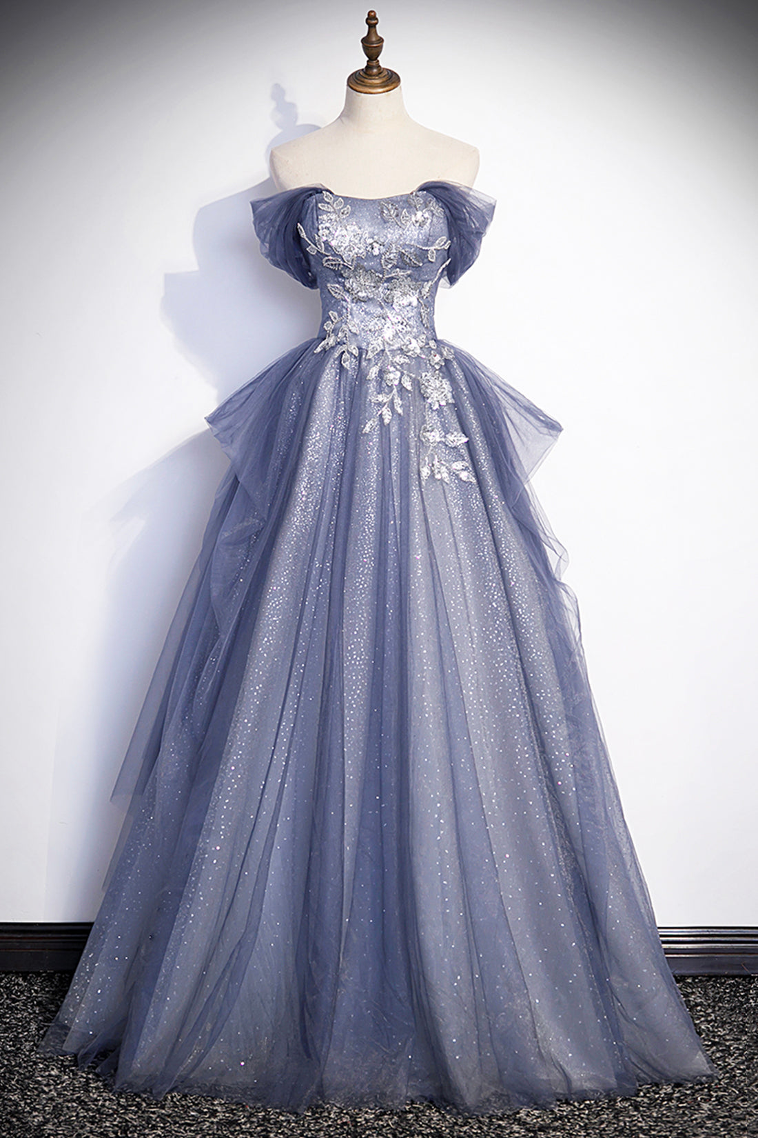 Dusty Blue Off the Shoulder Lace Long Prom Dress, A-Line Shiny Tulle E