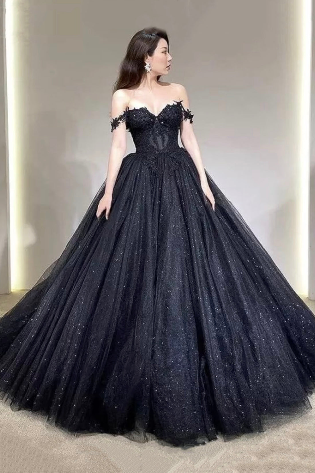 Black Off the Shoulder Tulle Lace Princess Dress, Shiny Tulle Floor Length Evening Party Dress