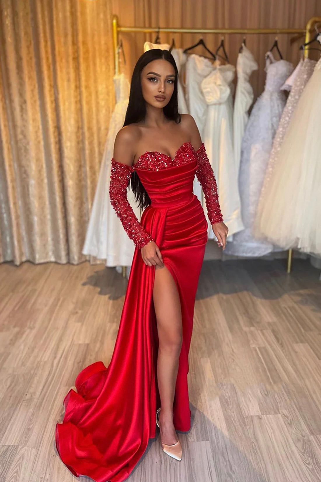 Red Sweetheart Satin Sequins Prom Dress, Red Long Sleeve Evening Party Dress