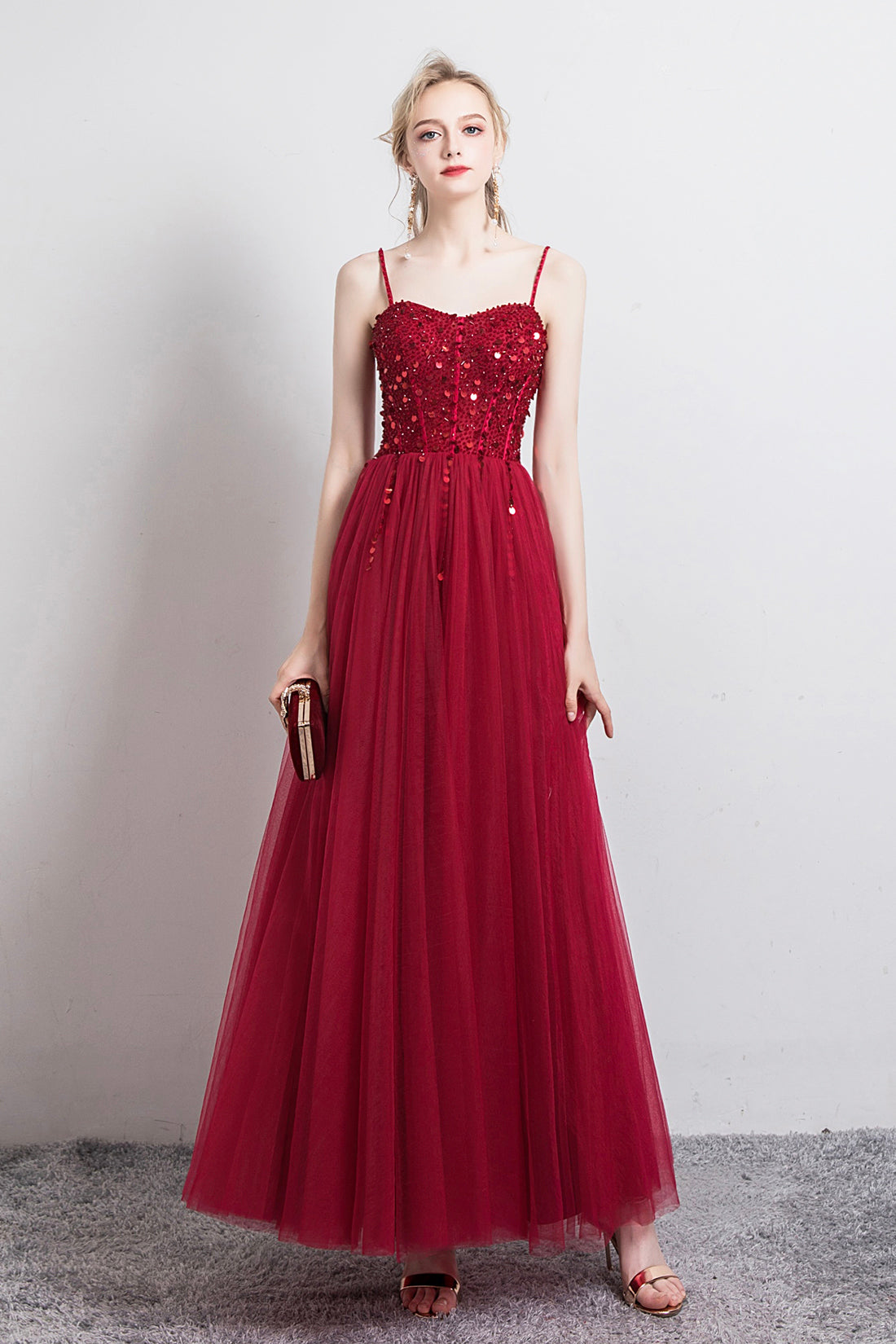 Burgundy Spaghetti Straps Sheath Tulle Long Party Dress, DP2911 main image 1