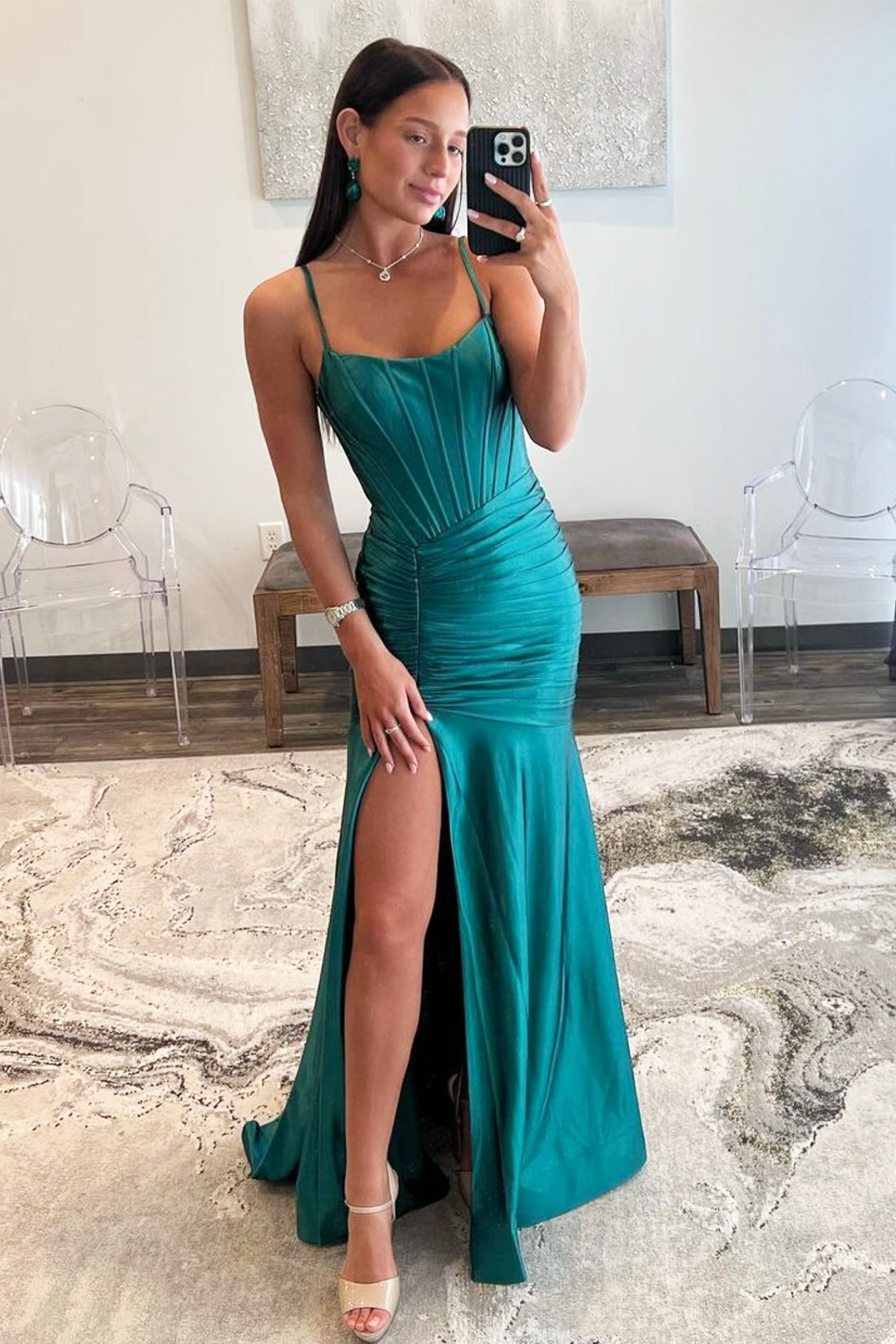 Mermaid Pleated Satin Long Prom Dress with Slit, Mermaid Backless Evening Party Dress