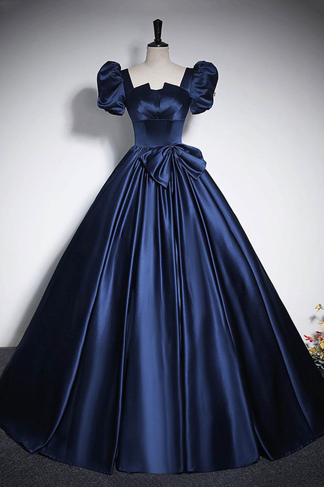 Elegant Blue Satin Prom Dresses, Square Neckline Puffy Short Sleeve Bo Elegant Blue Satin Prom Dresses, Square Neckline Puffy Short Sleeve Bo