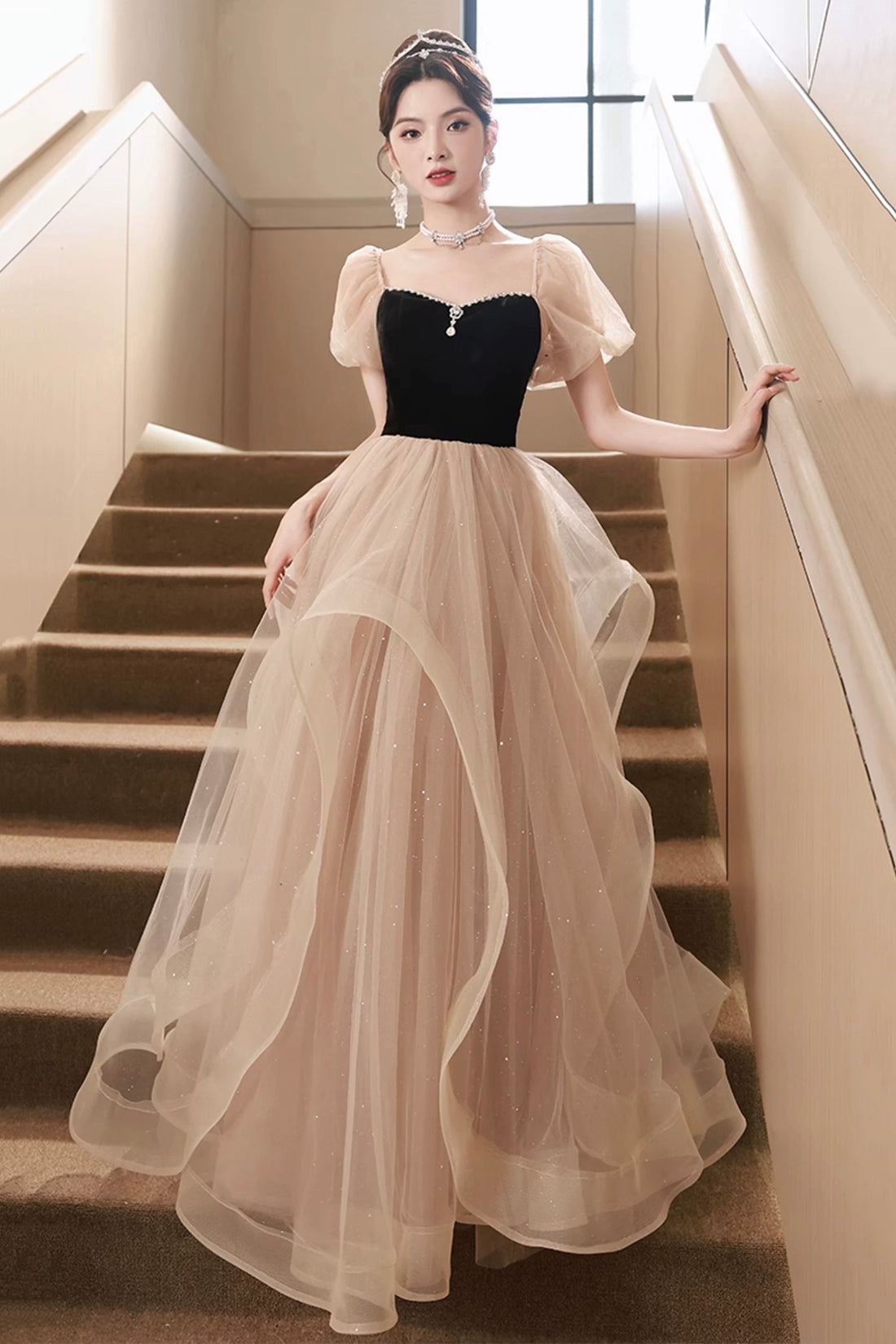 Cute Velvet Tulle Long Prom Dress, Beautiful Short Sleeve Evening Dress