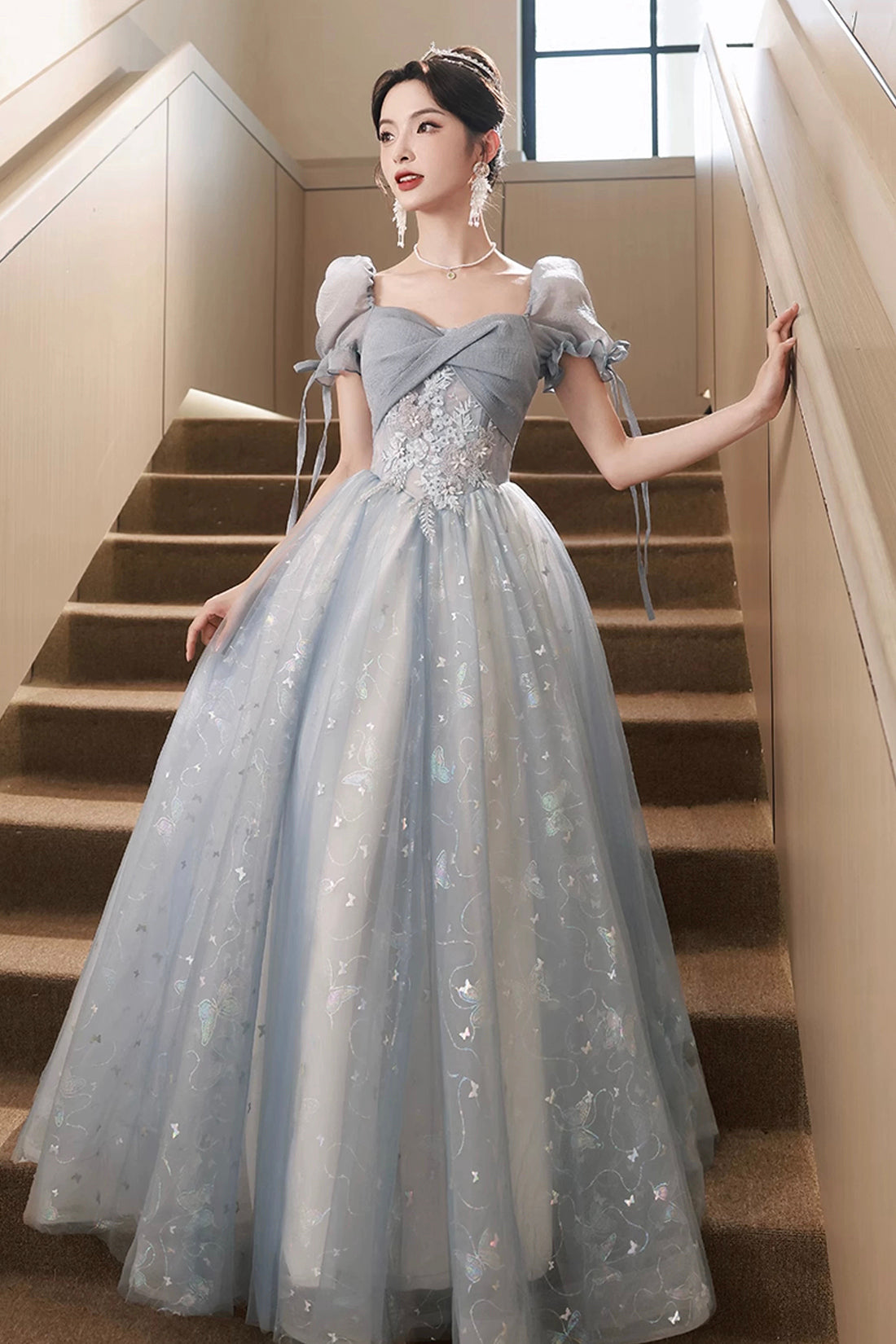 Beautiful Tulle Short Sleeves Formal Dress with Lace, Lovely Blue Long Beautiful Tulle Short Sleeves Formal Dress with Lace, Lovely Blue Long