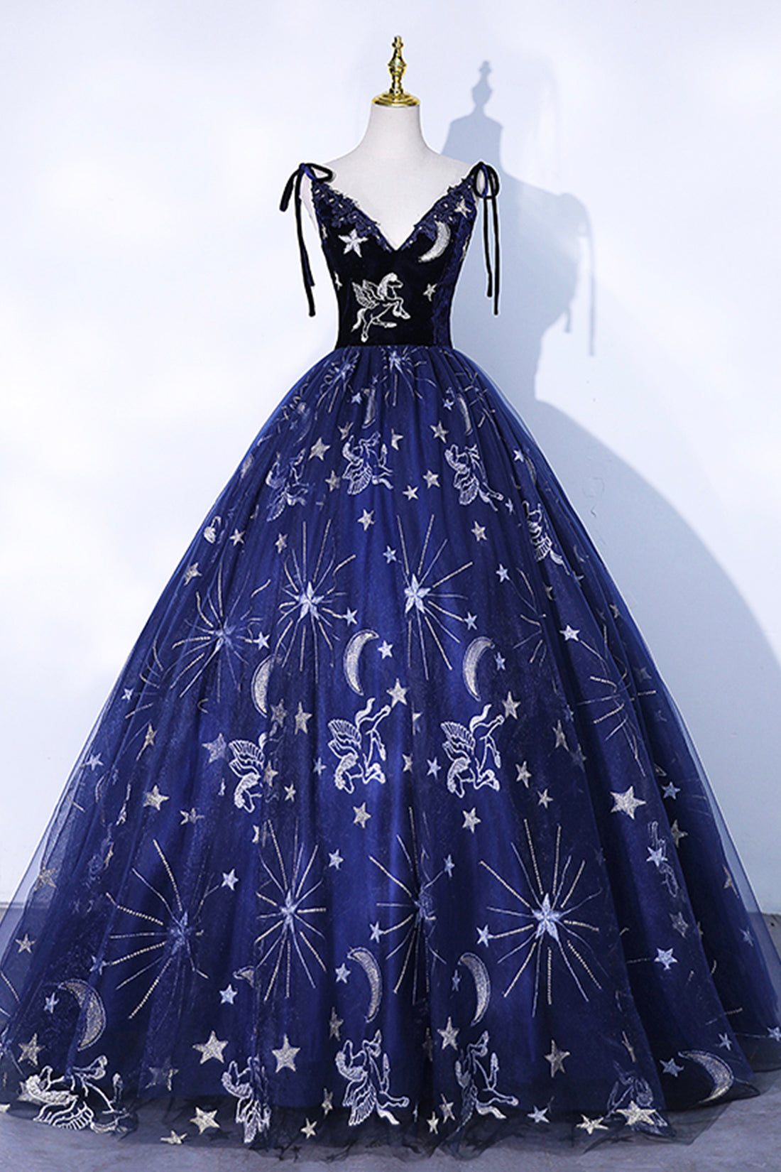 Beautiful Navy Blue Tulle Long Prom Dress, Spaghetti Straps Lace Flower Backless Formal Dress