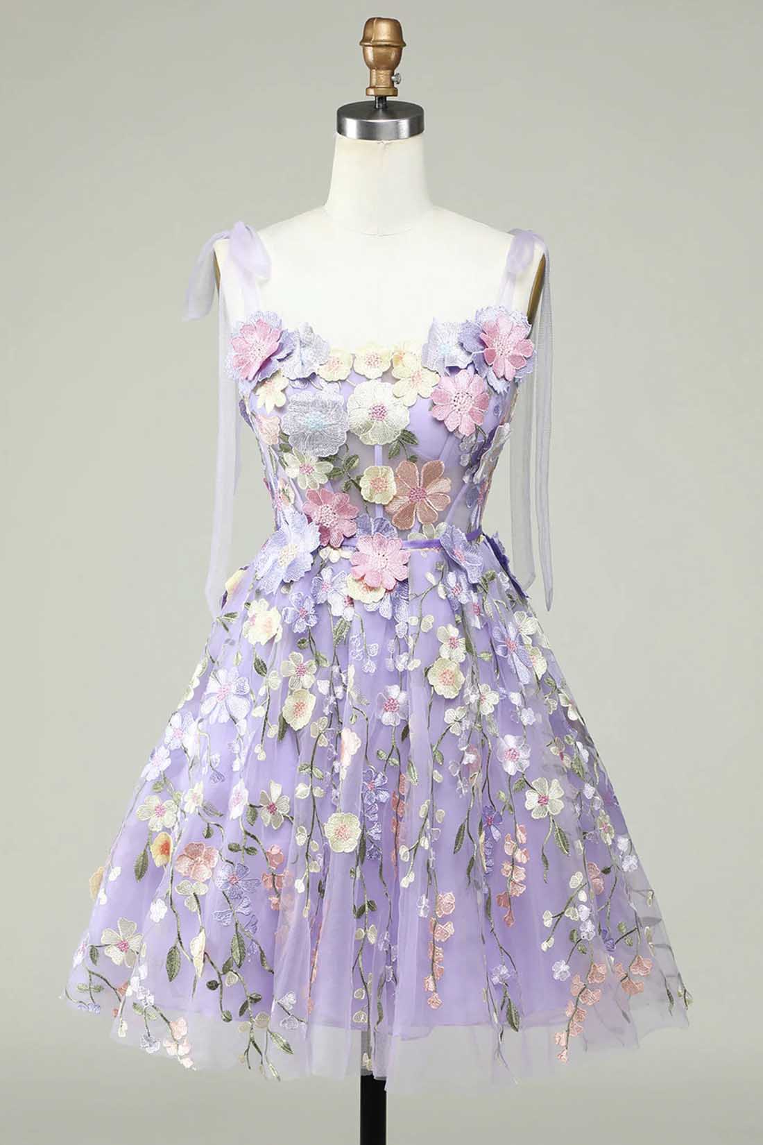 Lavender 3D Floral Embroidered Party Dress, Cute A-line Homecoming Dre Lavender 3D Floral Embroidered Party Dress, Cute A-line Homecoming Dre