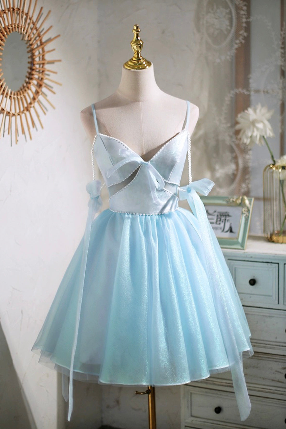 Sky Blue Spaghetti Straps Party Dress, Cute A-Line Tulle Homecoming Dr Sky Blue Spaghetti Straps Party Dress, Cute A-Line Tulle Homecoming Dr