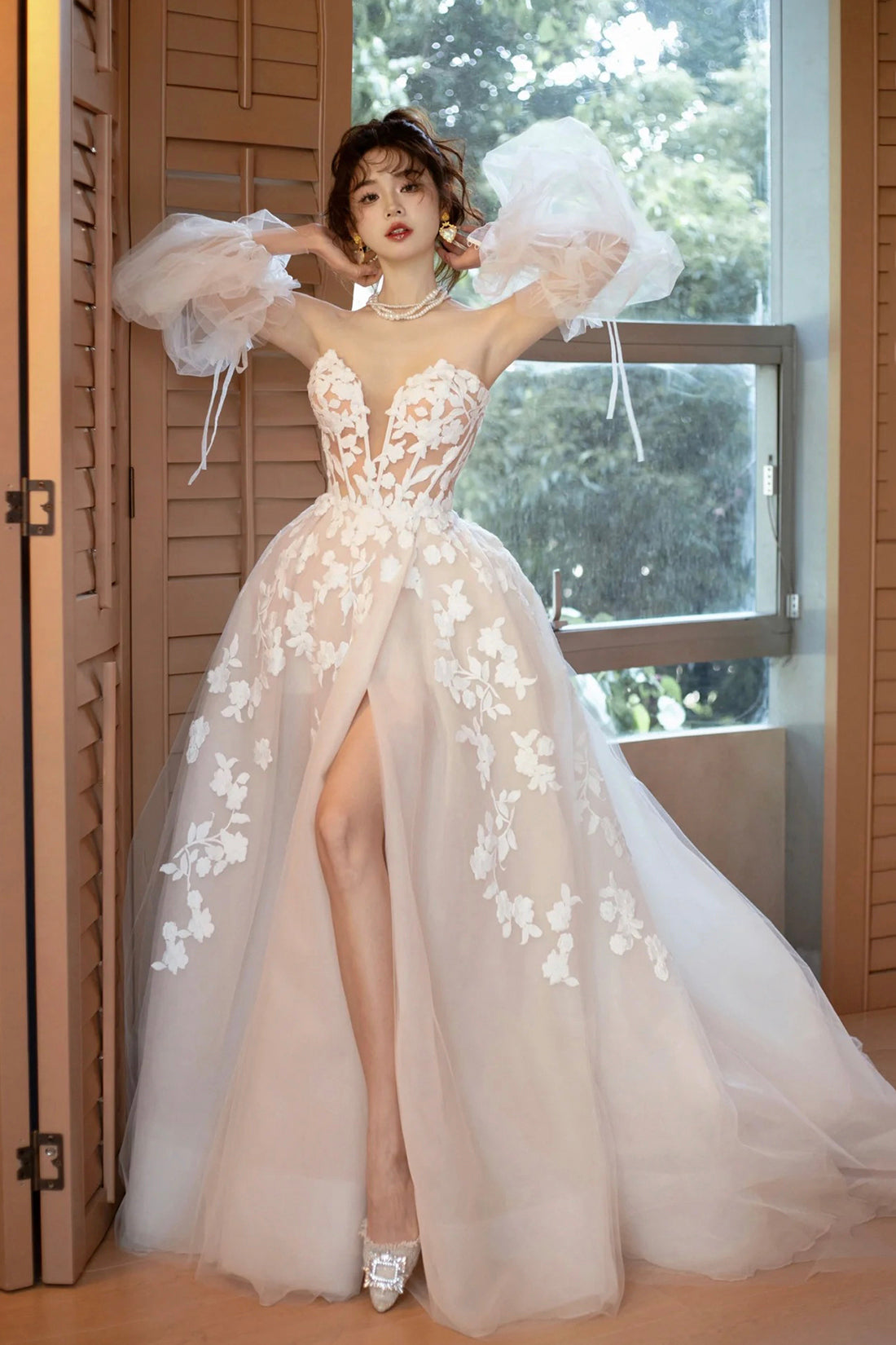 Beautiful Puffy Wedding Dresses Champagne Tulle Puffy Sleeves Long Party Dress, Beautiful Lace Evening
