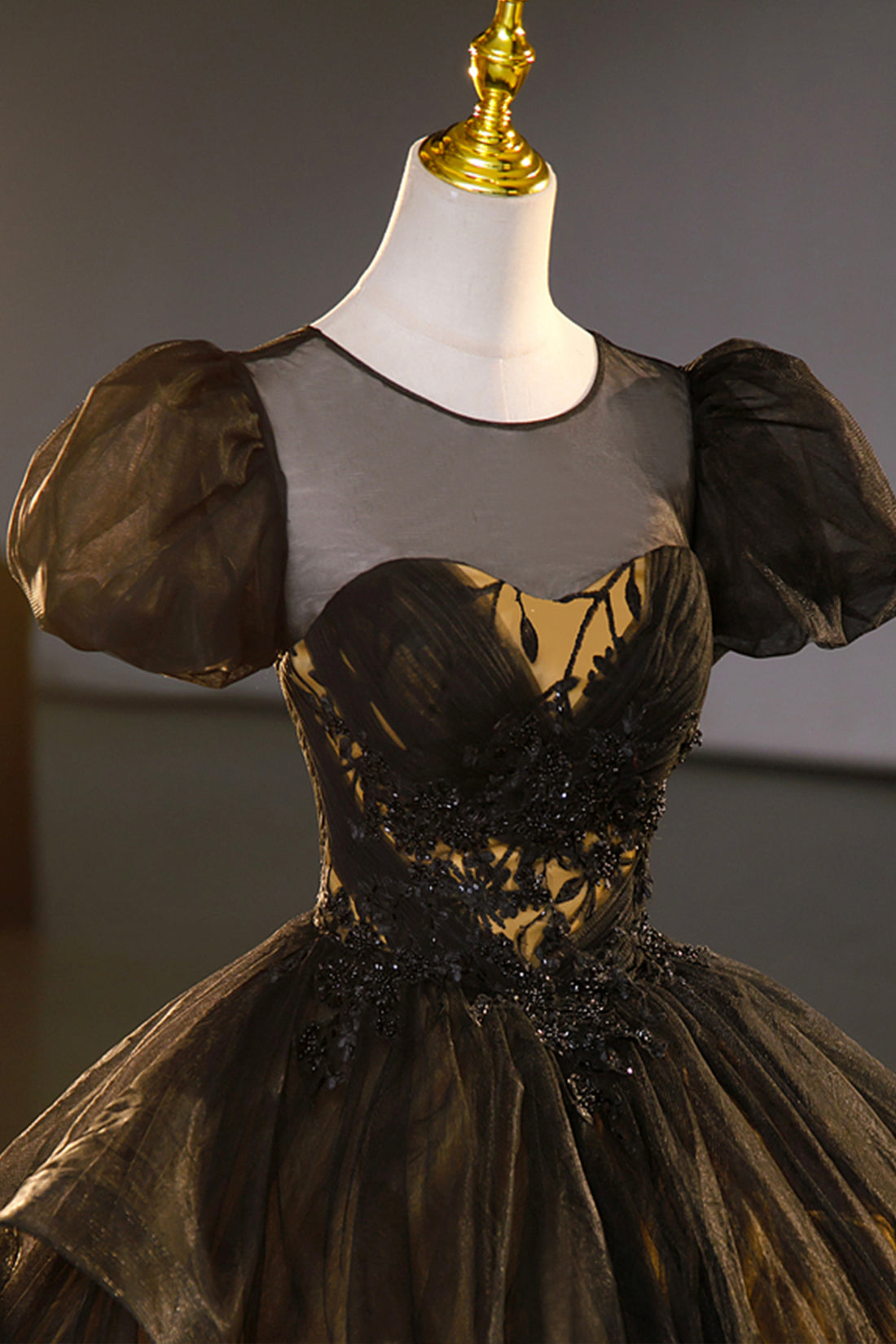 Black Tulle Lace Long Prom Dresses, Black Short Sleeve Evening Dresses