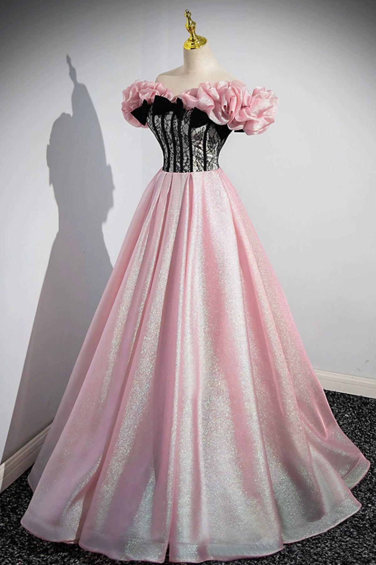 Beautiful Shiny Tulle Long A-Line Pink Corset Prom Dress, Off the Shoulder Evening Party Dress