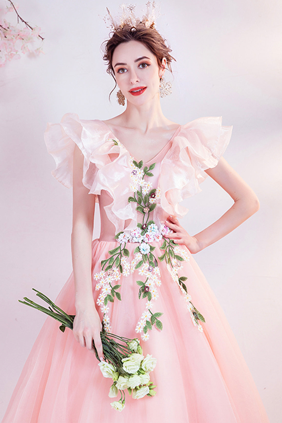 Pink V-Neck Tulle Long Prom Dress, Beautiful Pink Evening Dress