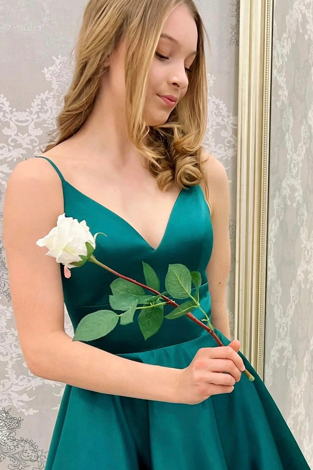 Cute Satin Short Prom Dress, Green V-Neck Party Dress, Green Homecoming Dress