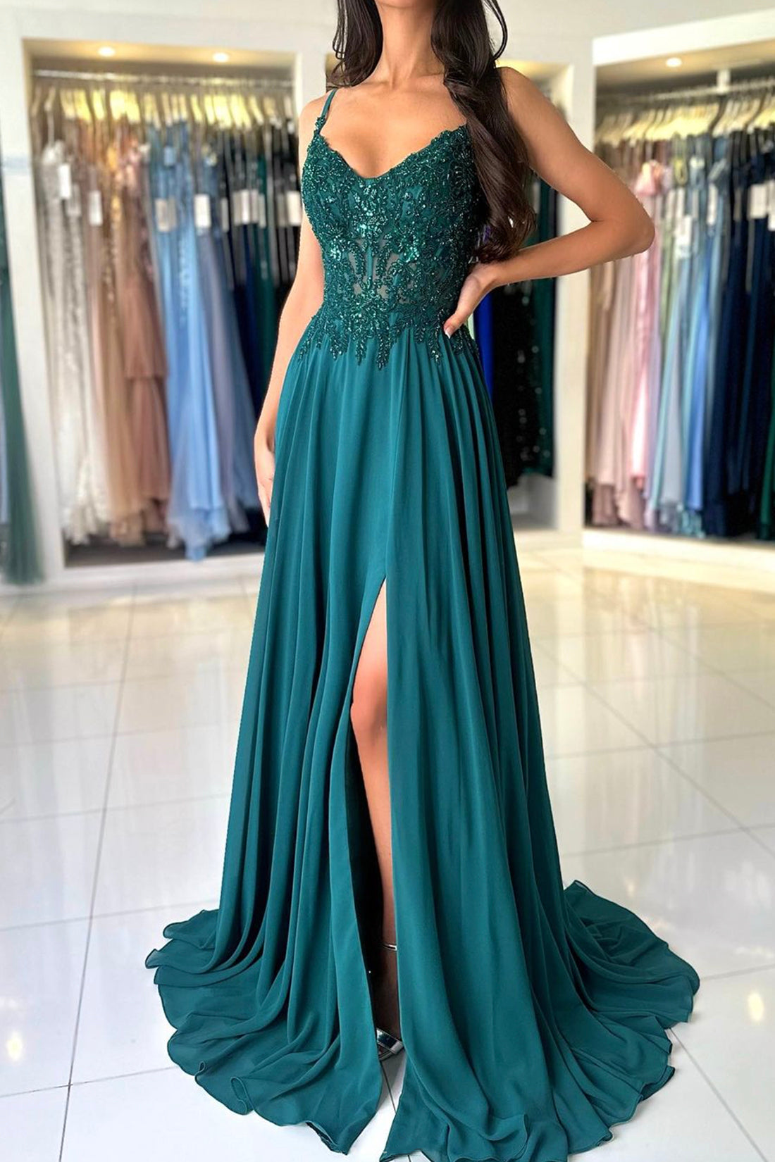 A-Line Chiffon Beaded Long Prom Dress, Dark Green Spaghetti Strap Even A-Line Chiffon Beaded Long Prom Dress, Dark Green Spaghetti Strap Even