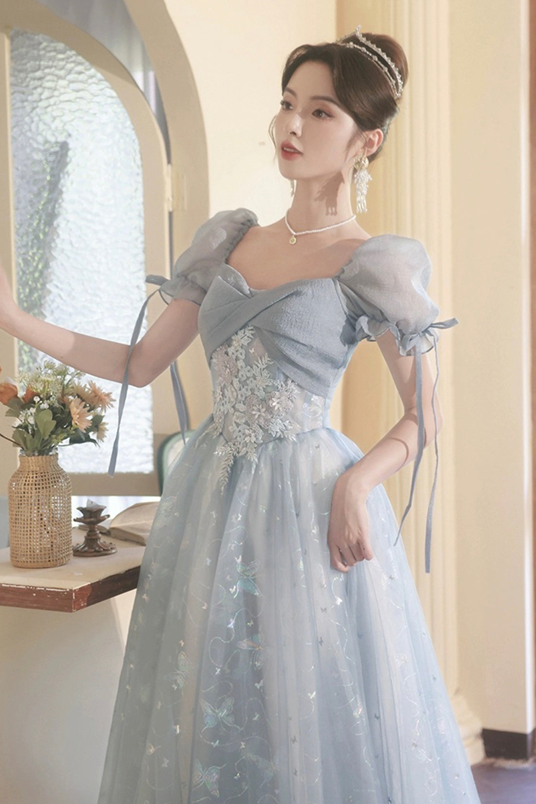 Beautiful Tulle Short Sleeves Formal Dress with Lace, Lovely Blue Long Prom Dress