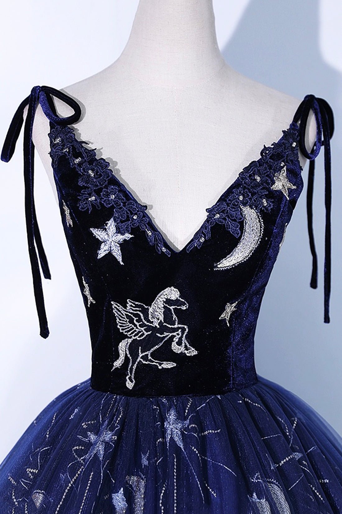 Beautiful Navy Blue Tulle Long Prom Dress, Spaghetti Straps Lace Flower Backless Formal Dress