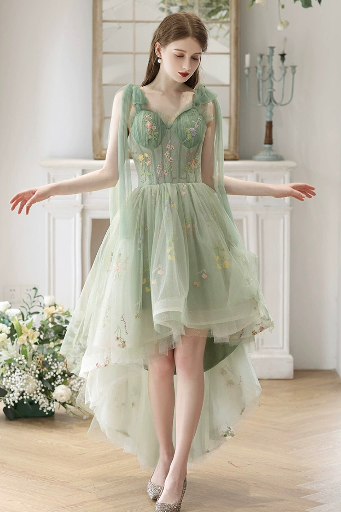 Beautiful Floral Tulle High Low Party Dress, Green Lace Homecoming Dre Beautiful Floral Tulle High Low Party Dress, Green Lace Homecoming Dre