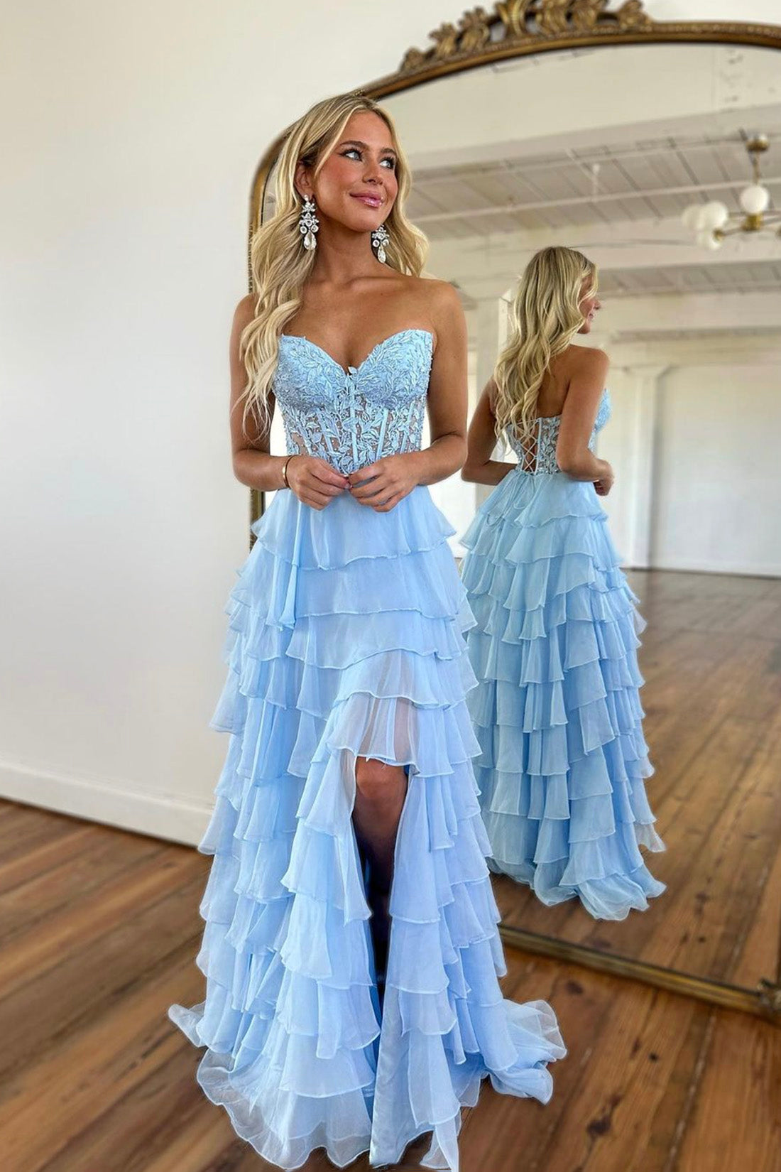 Light Blue Strapless High Low Prom Dress, Blue Lace Layered Formal Eve Light Blue Strapless High Low Prom Dress, Blue Lace Layered Formal Eve