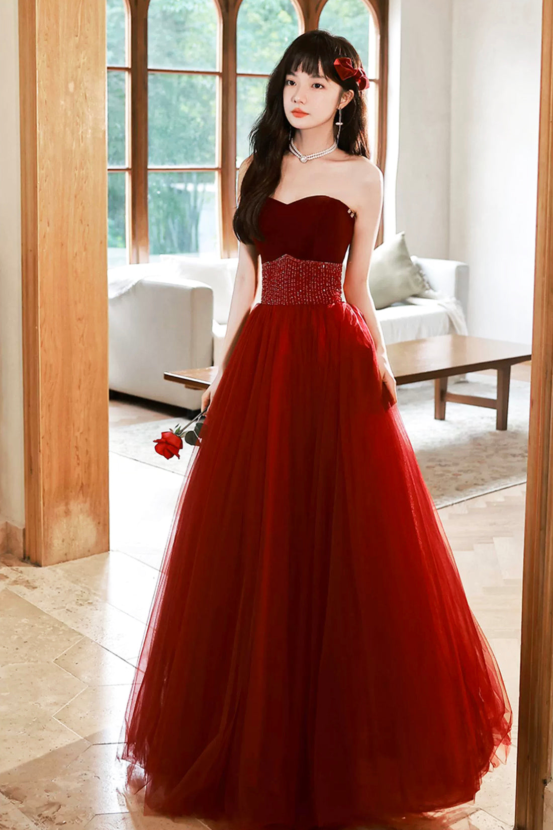 Burgundy Strapless Tulle Long Prom Dress with Beaded, Burgundy Tulle F Burgundy Strapless Tulle Long Prom Dress with Beaded, Burgundy Tulle F