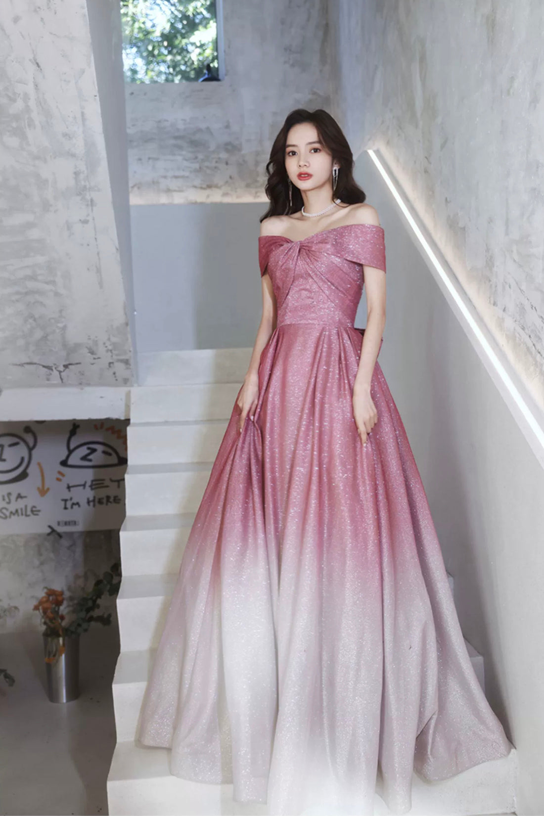 Beautiful Gradient Floor Length A-Line Prom Dress, Off the Shoulder Evening Party Dress