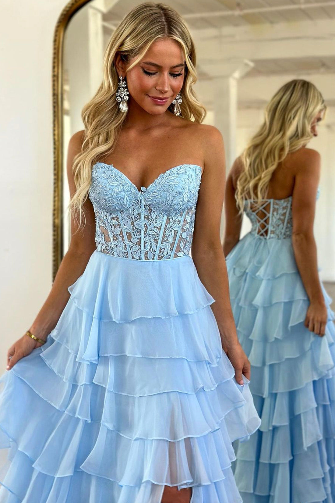 Light Blue Strapless High Low Prom Dress, Blue Lace Layered Formal Evening Dress