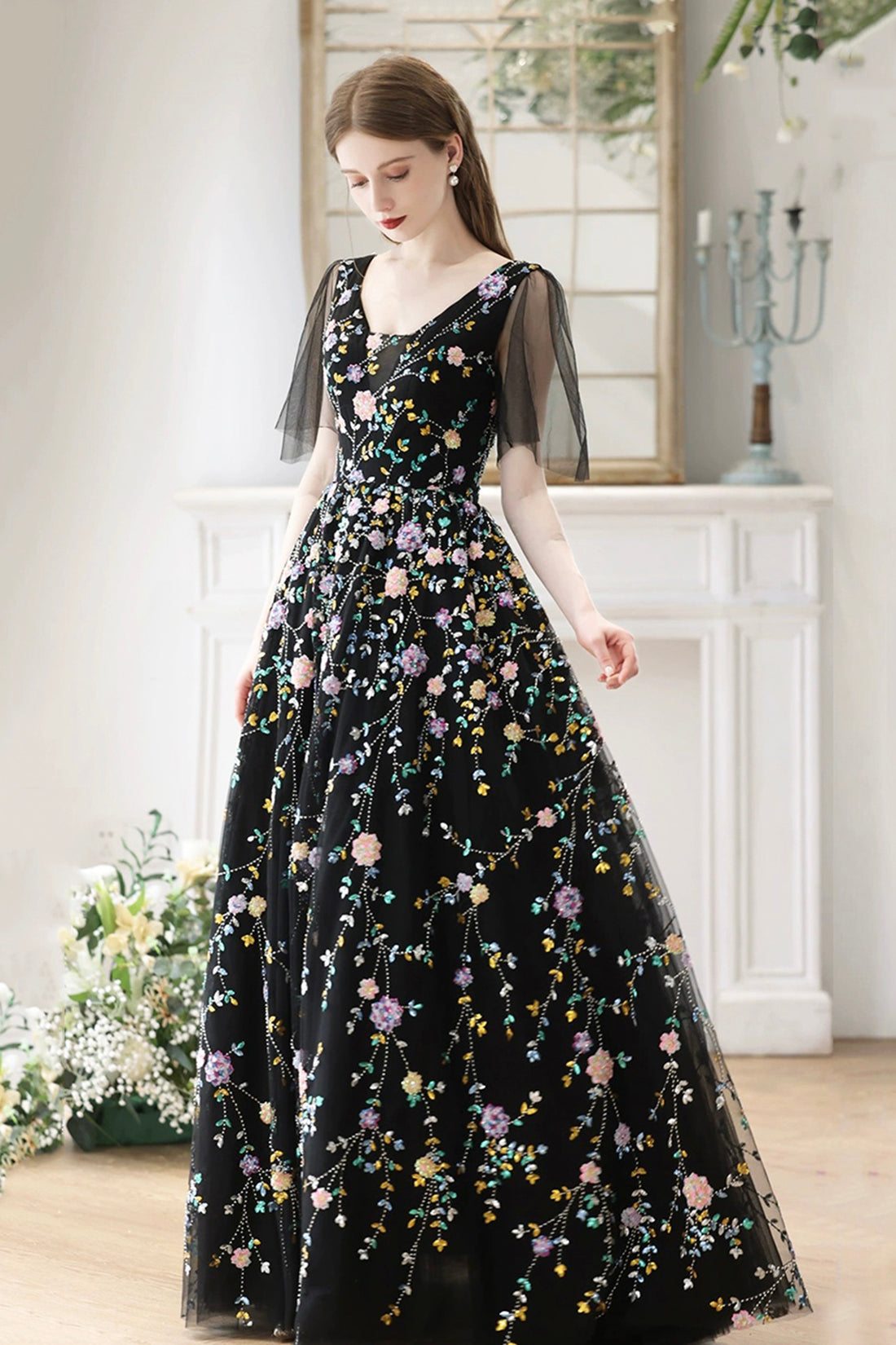 Black V-Neck Tulle Sequins Long Prom Dress, Black A-Line Formal Evening Dress