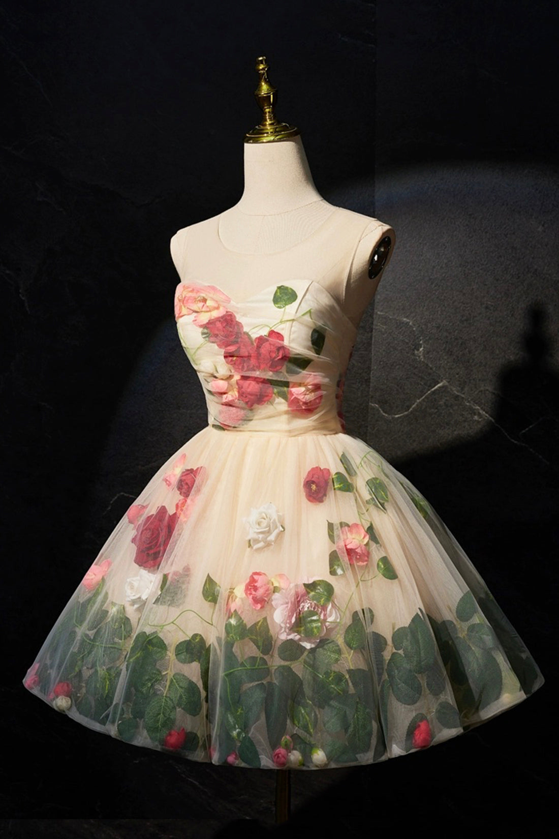 Cute Scoop Neck Short Prom Dress with Flowers, Champagne A-Line Party Cute Scoop Neck Short Prom Dress with Flowers, Champagne A-Line Party