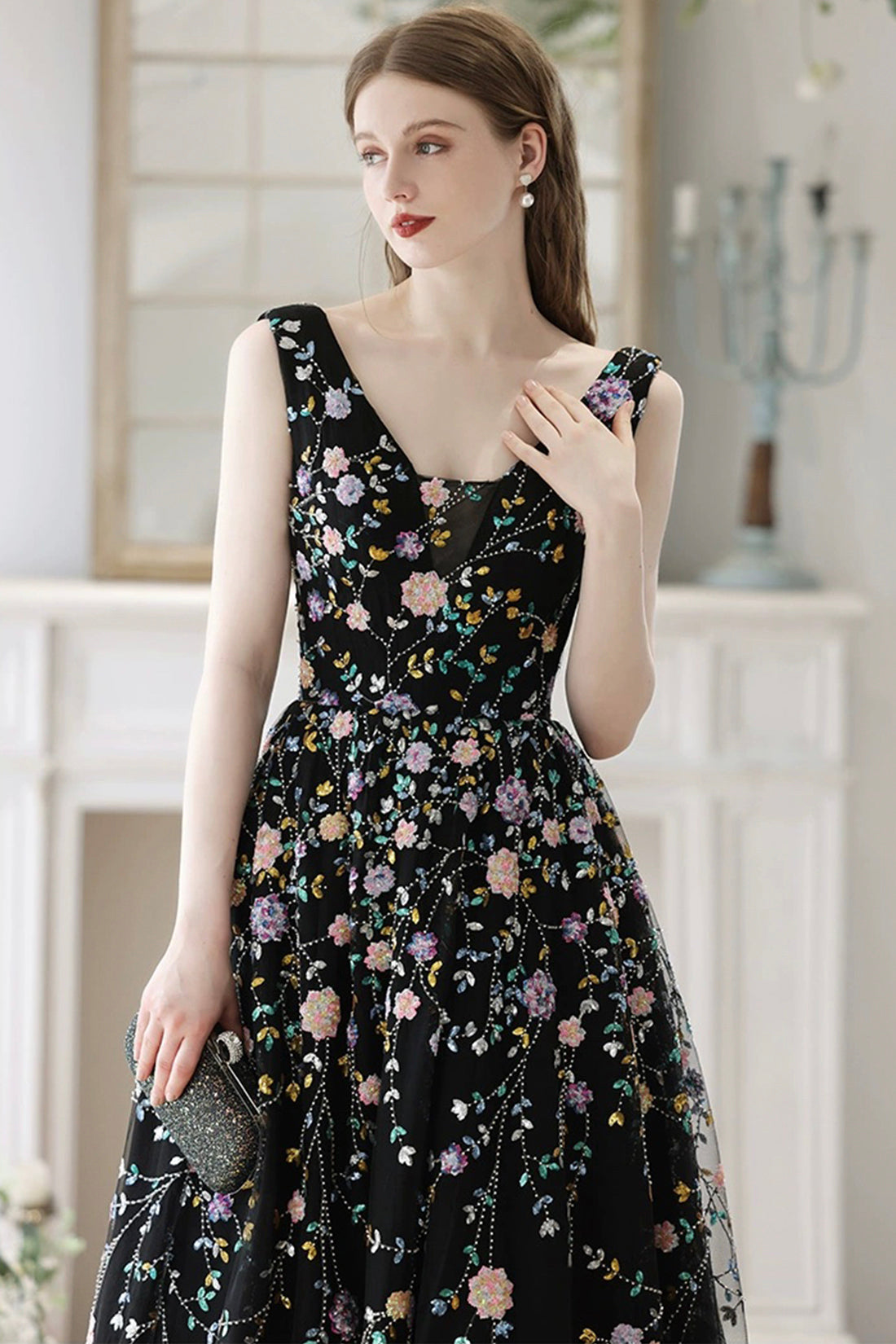 Black V-Neck Tulle Sequins Long Prom Dress, Black A-Line Formal Evening Dress