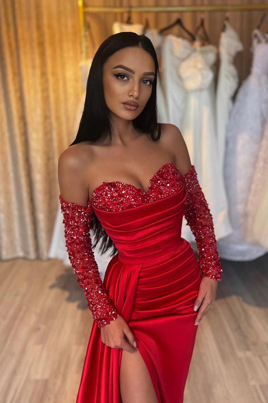 Red Sweetheart Satin Sequins Prom Dress, Red Long Sleeve Evening Party Dress