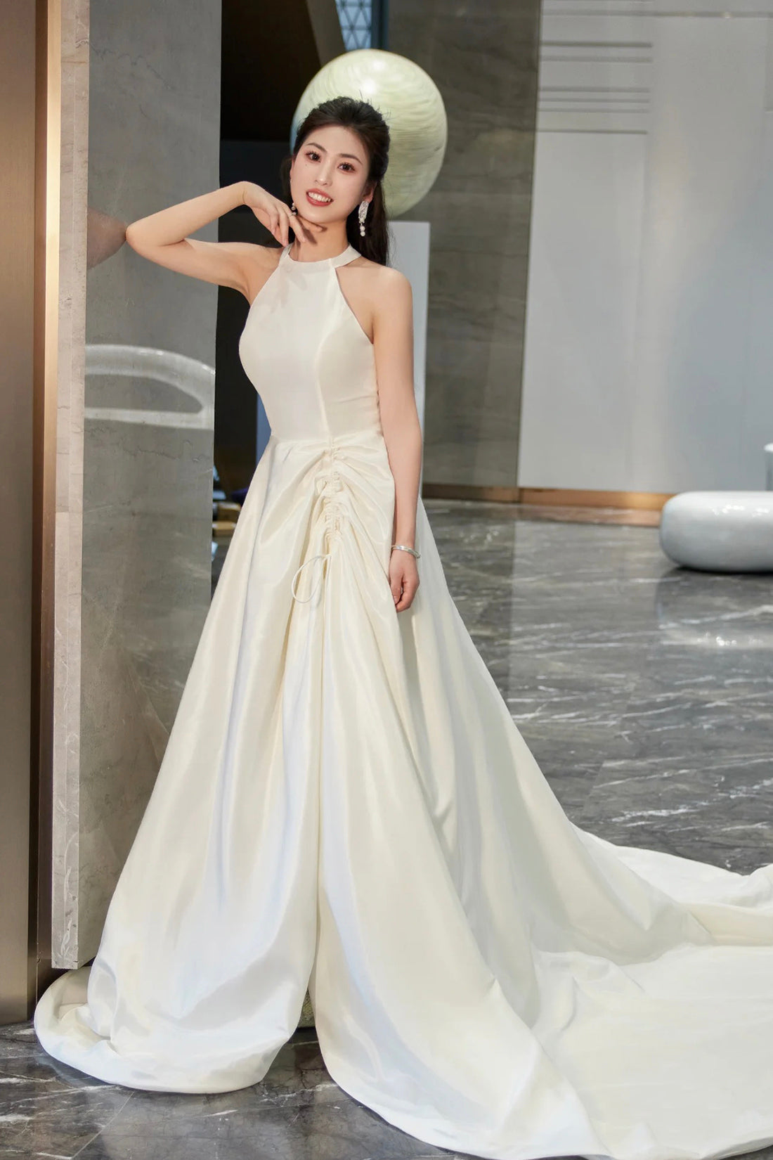 White Satin Long Prom Dress with Slit, Elegant A-Line Backless Evening Party Dress