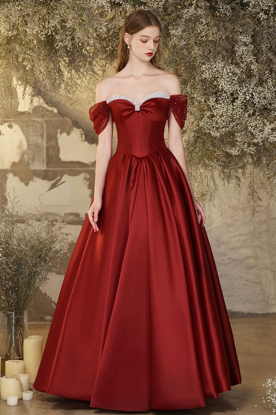Burgundy Satin Long Prom Dress, Beautiful Off the Shoulder A-Line Formal Evening Dress