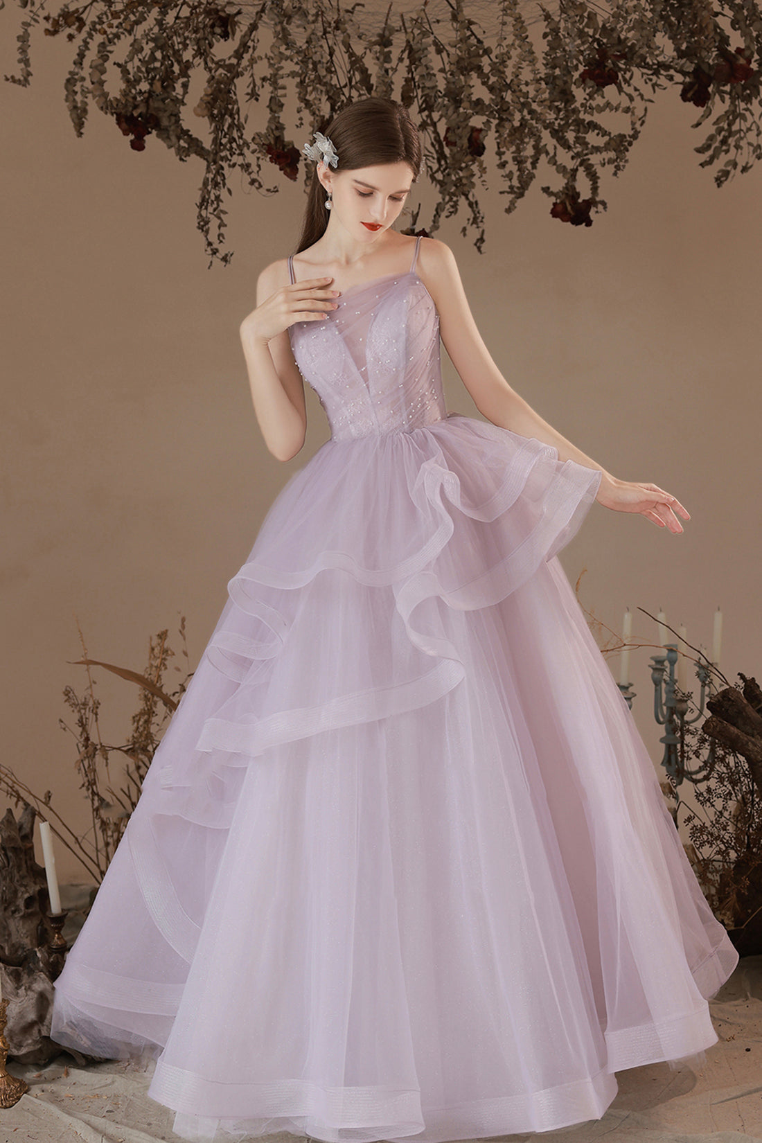 Light Purple Tulle Spaghetti Straps Floor Length Party Dress, Light Purple Evening Prom Dress