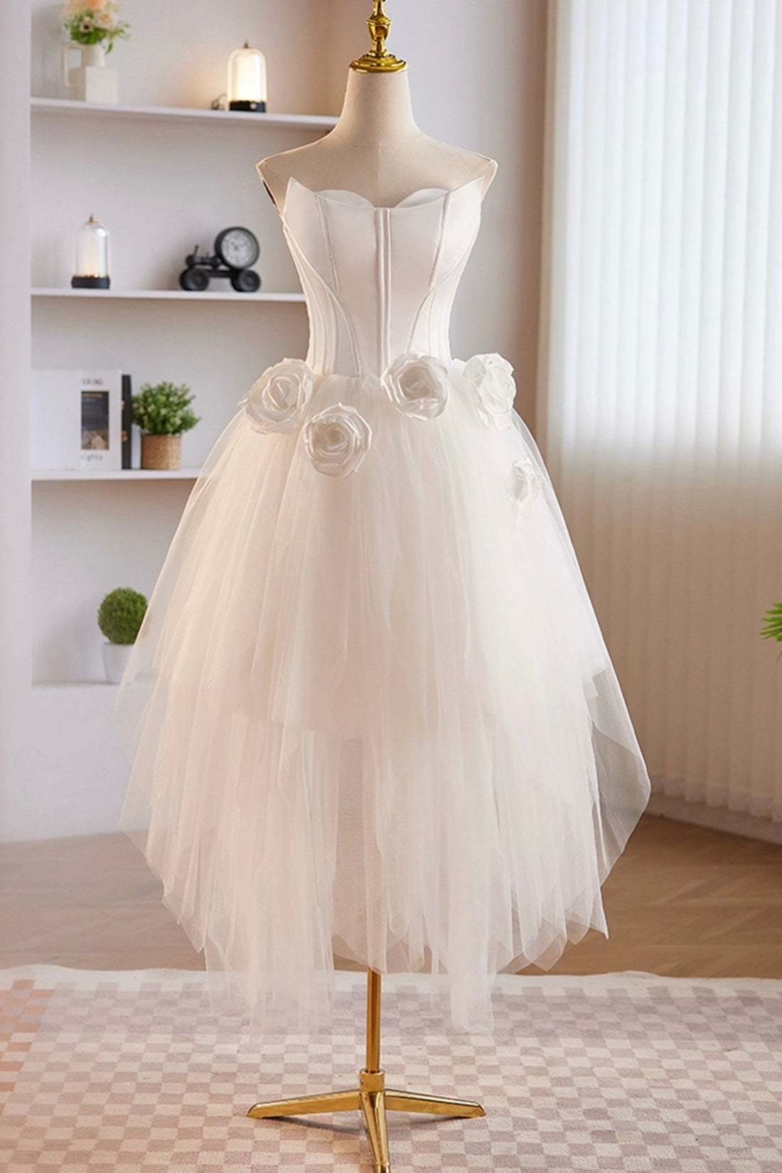 Unique White Strapless Irregular Tulle Short Prom Dress, White Party D Unique White Strapless Irregular Tulle Short Prom Dress, White Party D