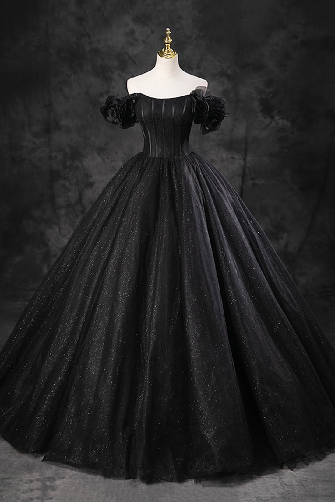 Black Tulle Floor Length A-Line Prom Dress, Off the Shoulder Evening P Black Tulle Floor Length A-Line Prom Dress, Off the Shoulder Evening P