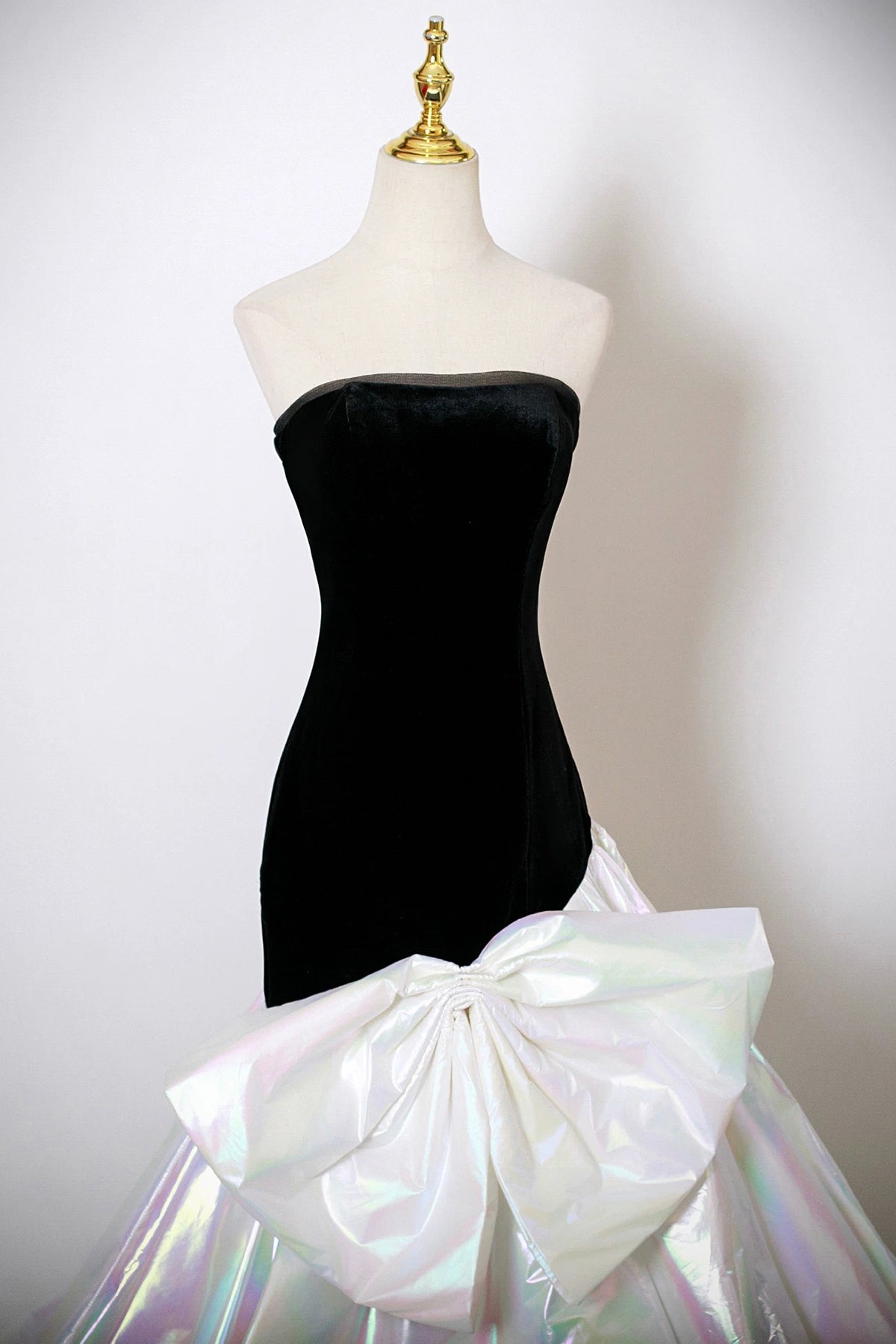 Black Velvet and White Colorful Satin Long Mermaid Strapless Prom Dress