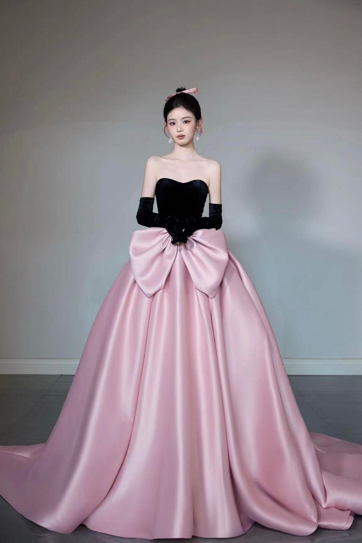 Black Velvet and Pink Satin Long Prom Dress, Beautiful A-Line Straples