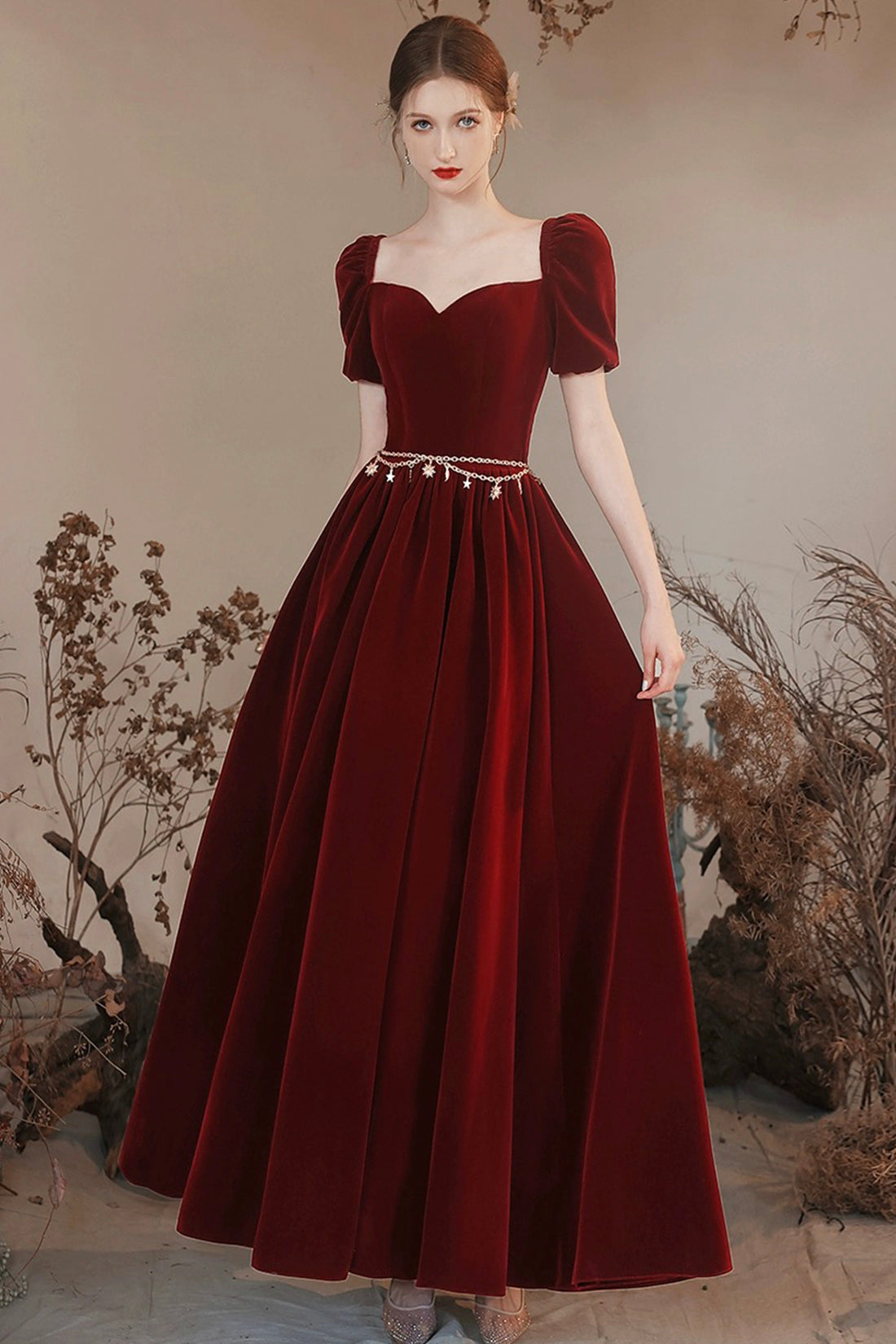 Burgundy Velvet Floor Length Prom Dress, Lovely A-Line Evening Party D