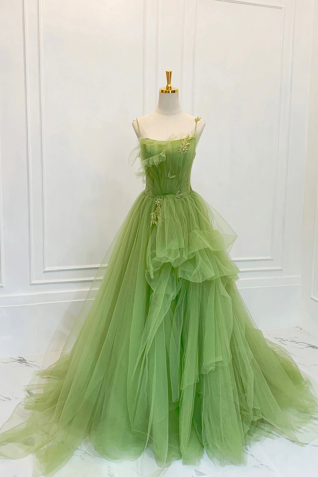 Green Spaghetti Strap Tulle Long Prom Dress, Beautiful A-Line Evening Dress
