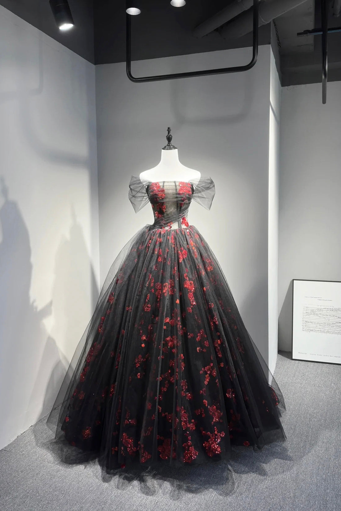 Black Tulle and Red Sequins Long Prom Dress, Off the Shoulder Evening Party Dress